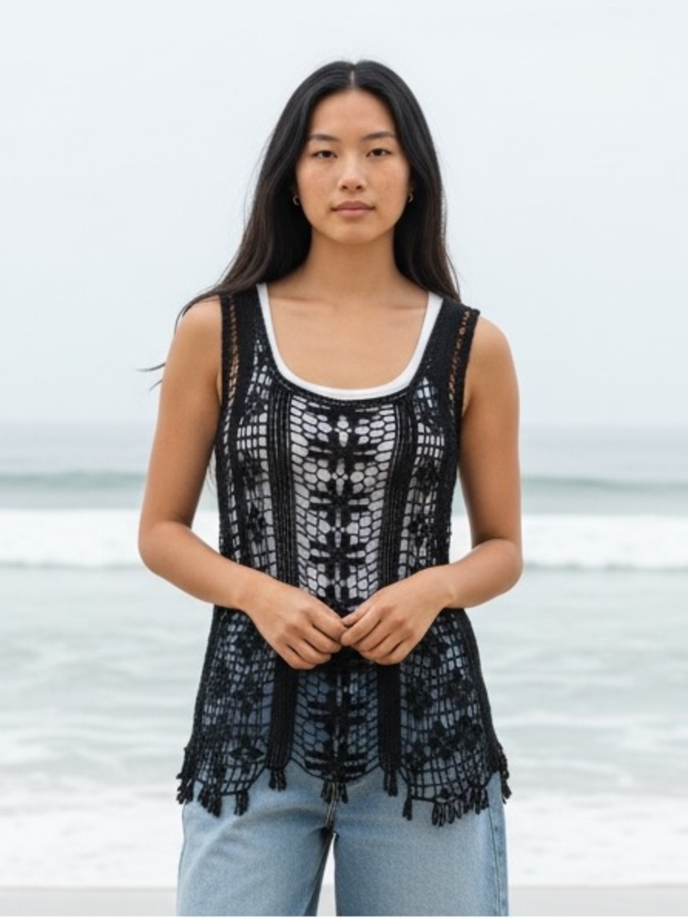 Mimi Chica -Black Crochet Tank Top with Fringe Sz M